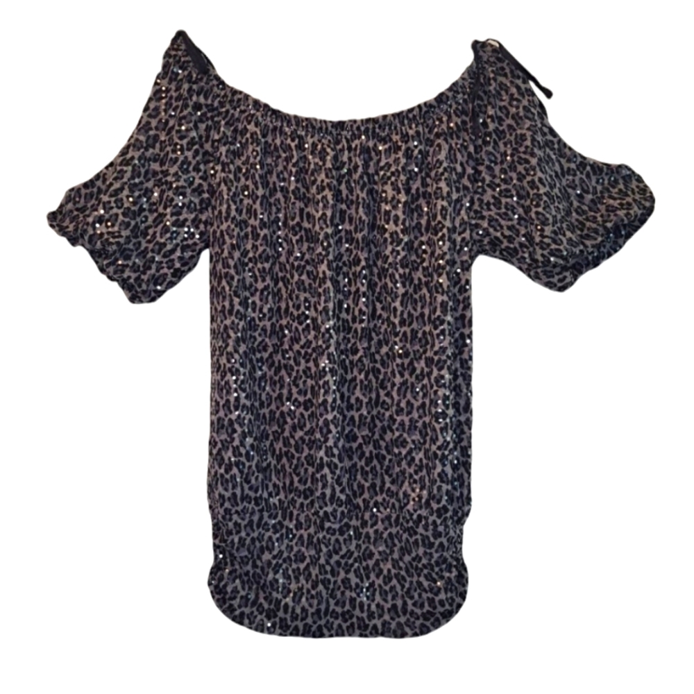 Express Leopard Print Cold Shoulder Cutout Sequin Blouse Size Small